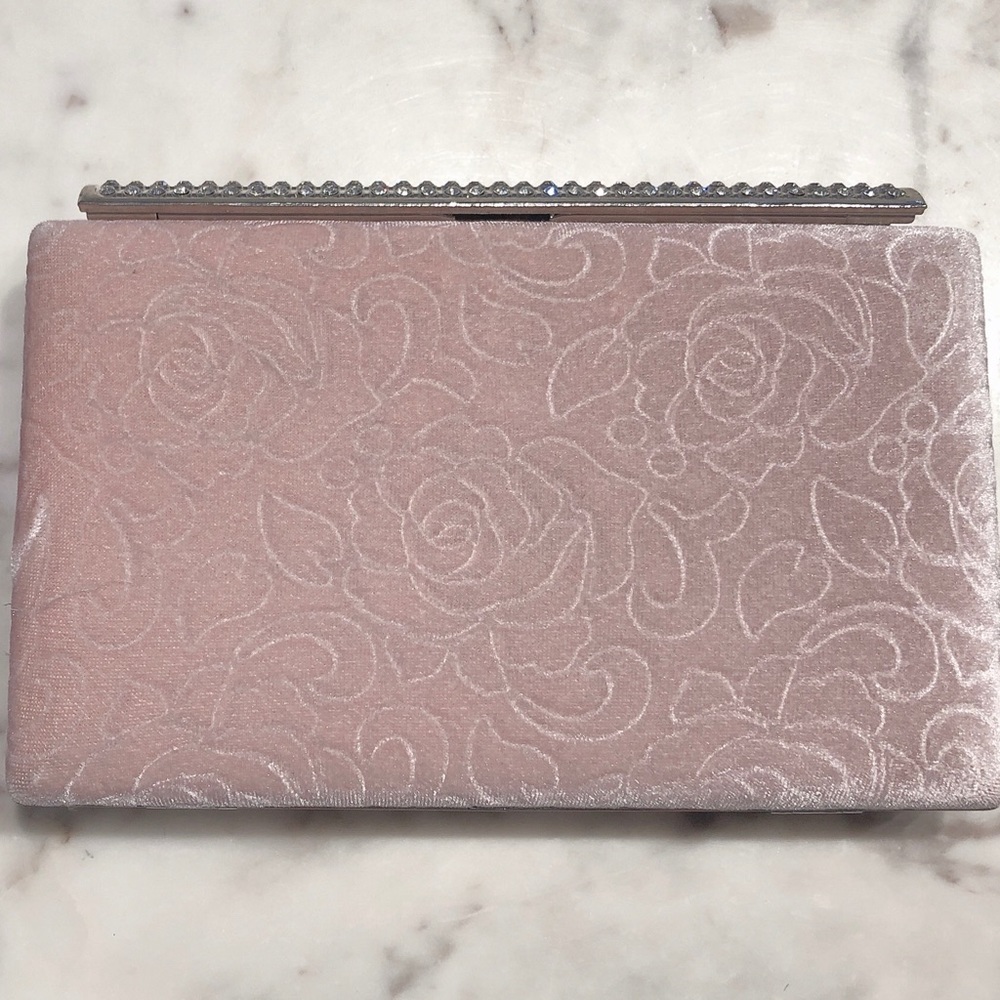 NEW! VELVET FLORAL BLUSH CLUTCH W/ RHINESTONES
